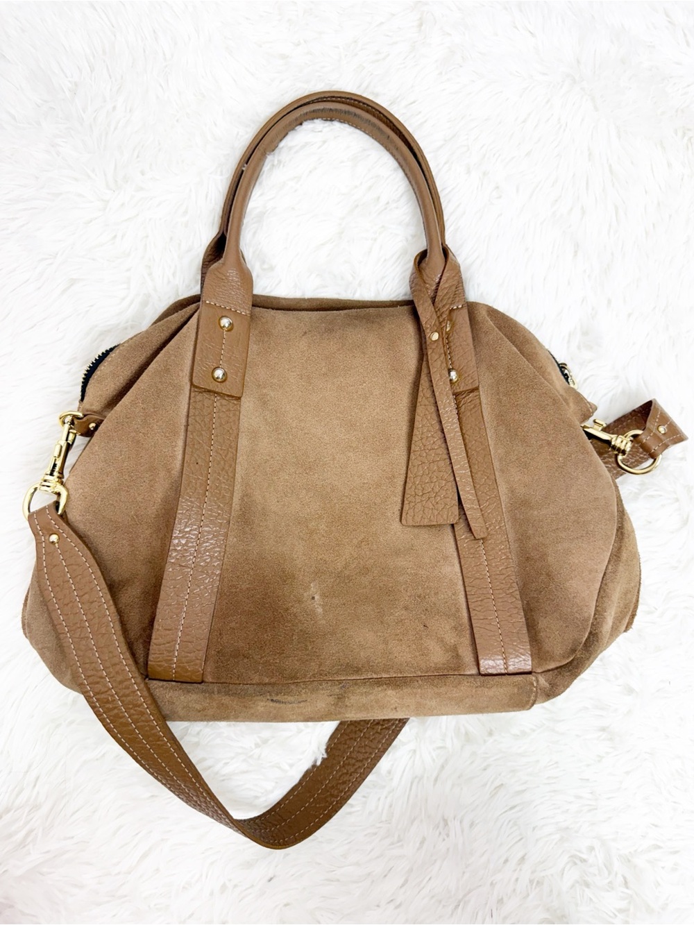 Nicoli Italy Genuine Leather Suede Satchel Handbag Brown Crossbody Shoulder Bag